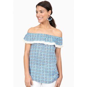 Roberta Roller Rabbit Lucia Geometric Blue Off Shoulder Fringe Trim Blouse XS